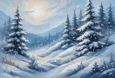 The primary subject of the image is a snowy landscape with a forest in the background. The setting is a winter scene with snow covering the ground and trees. The visual style is a painting, which gives the image a more artistic and detailed appearance. The colors and mood of the image are predominantly white and cold, creating a serene and peaceful atmosphere.